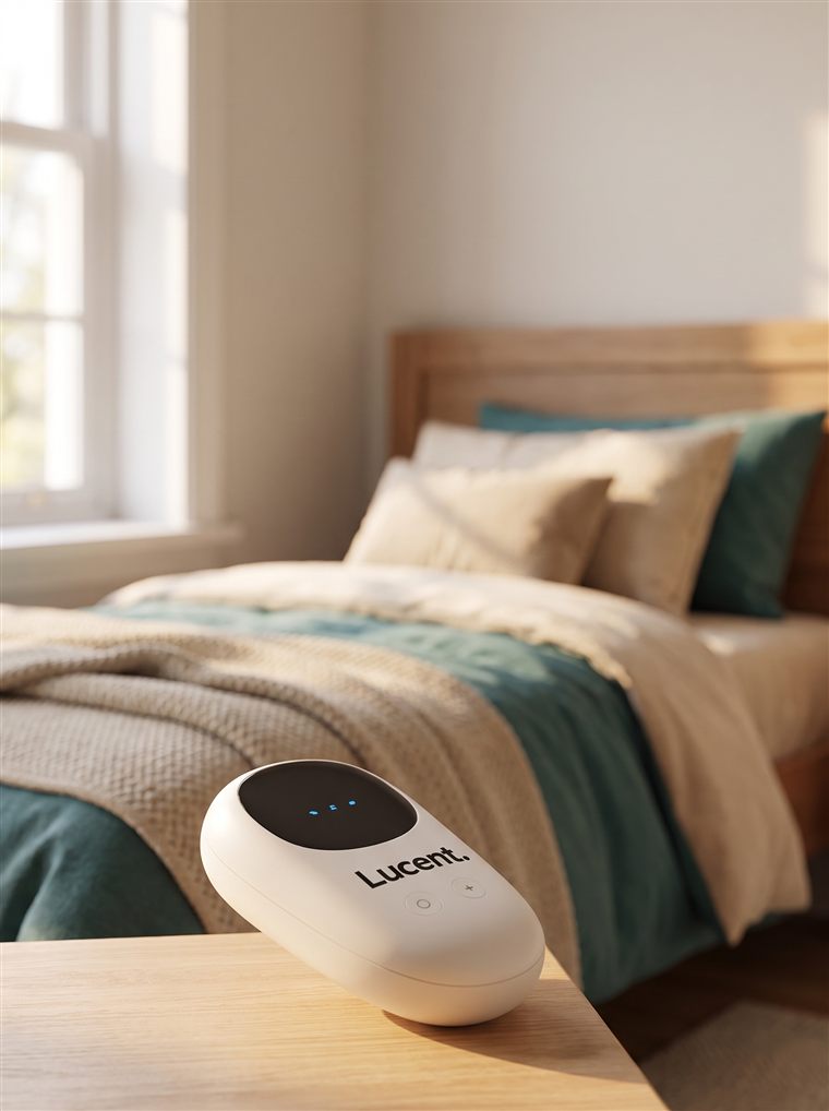 Lucent wireless bedwetting alarm on a nightstand beside a child's bed